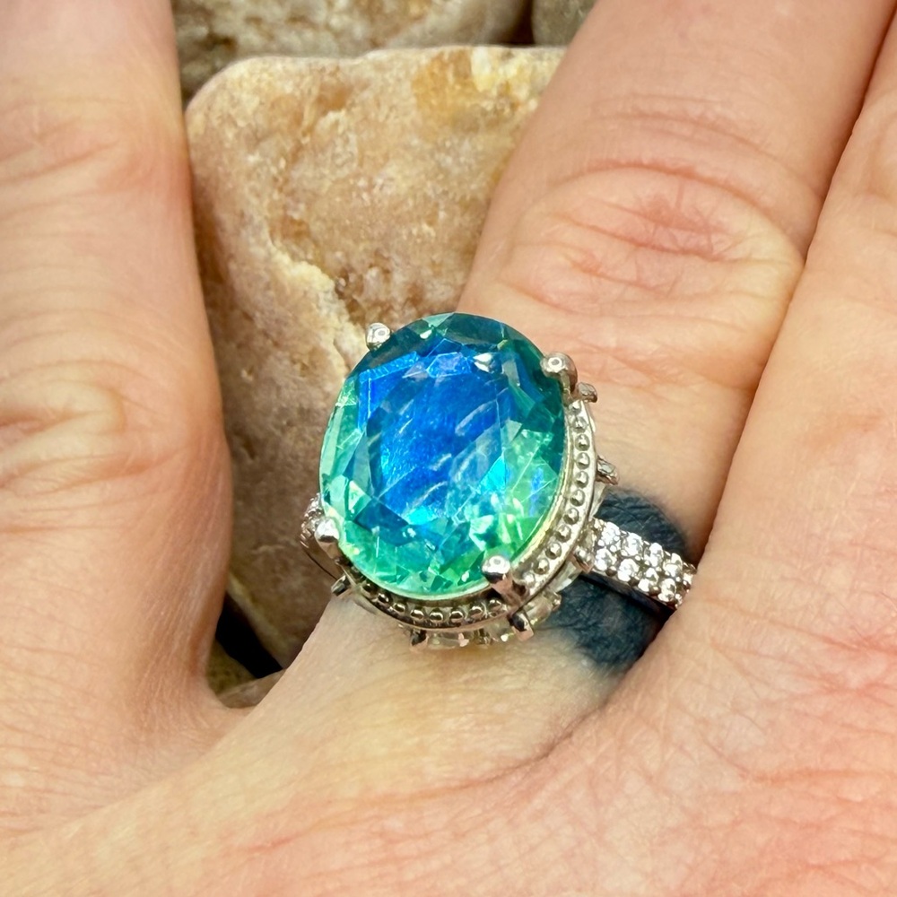 Peacock Quartz Triplet 7.90ctw Platinum Over 925 Sz 7 Ring - Picture 11 of 17
